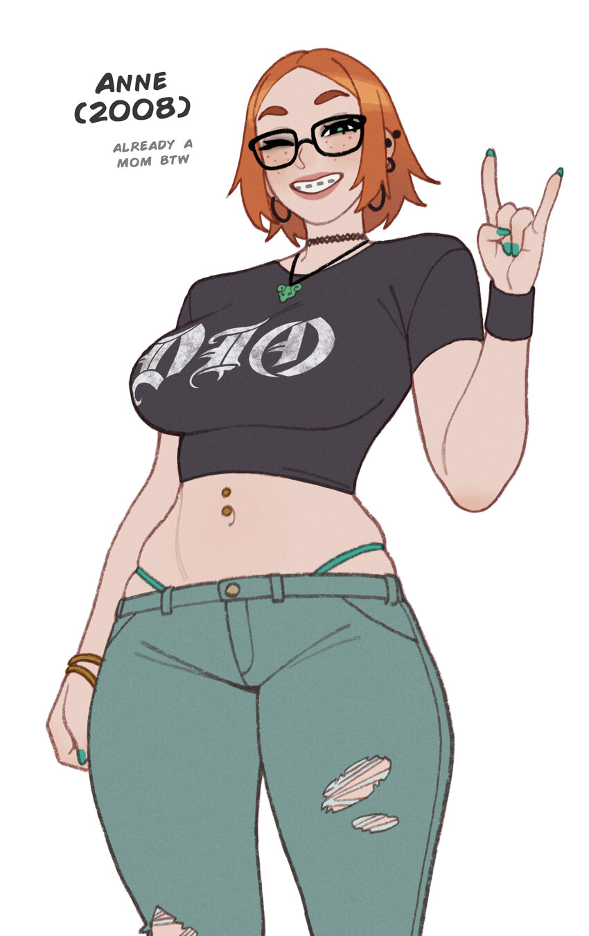 1girl absurdres aged down anne (riz) aqua nails aqua panties aqua pants band shirt bangle bracelet braces breasts choker cowboy shot crop top cropped…