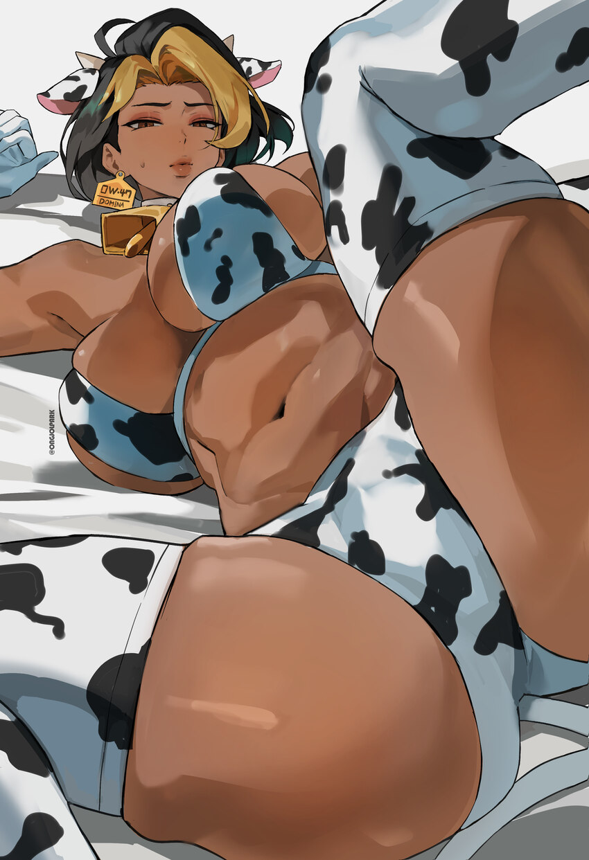 1girl absurdres animal ears animal print bell bikini blonde streaks breasts commentary cow ears cow horns cow print cow print bikini cow print thighh…