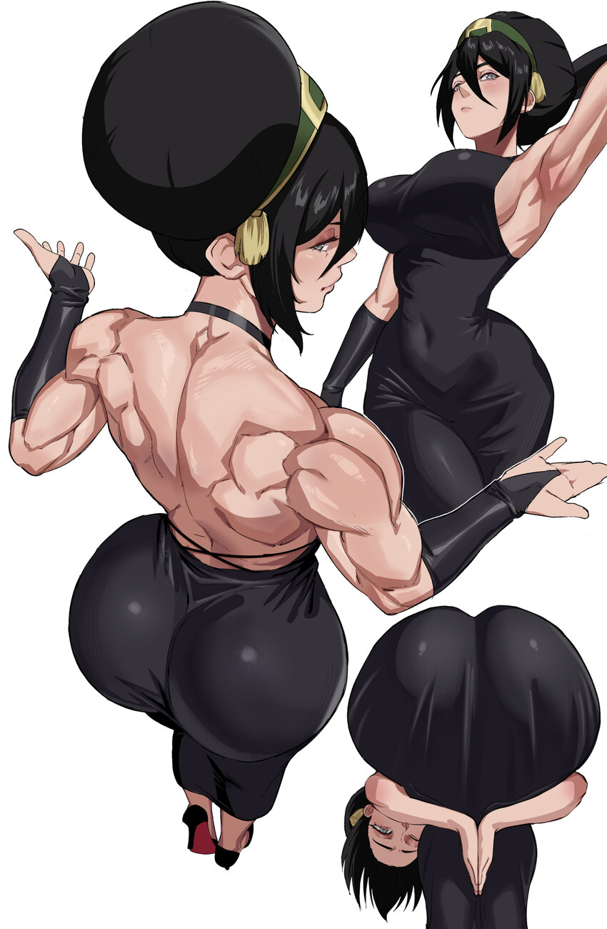 1girl absurdres alternate breast size (larger) amen pose (meme) ass avatar aang  the last airbender avatar legends bent over black dress black hair b…