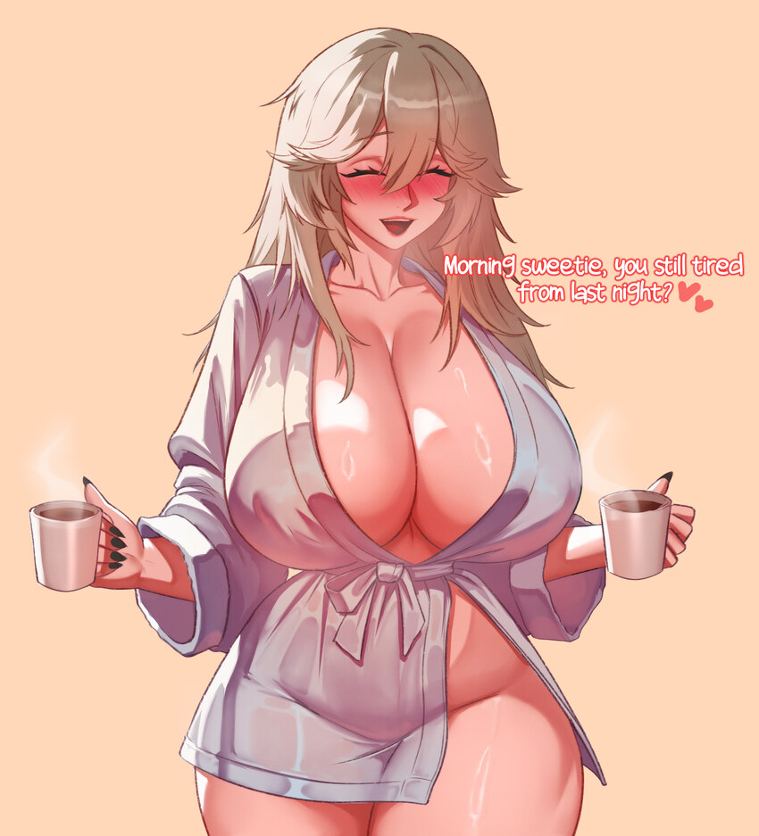1girl absurdres alexandrina sebastiane bathrobe black nails blush breasts brown background closed eyes collarbone commentary cowboy shot cup english …