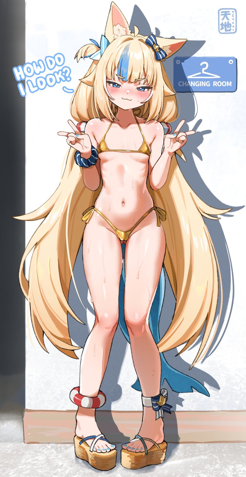 1girl  3 absurdres alternate costume animal ear fluff animal ears ankle ribbon ass visible through thighs bikini blonde hair blue eyes blue hair blue…