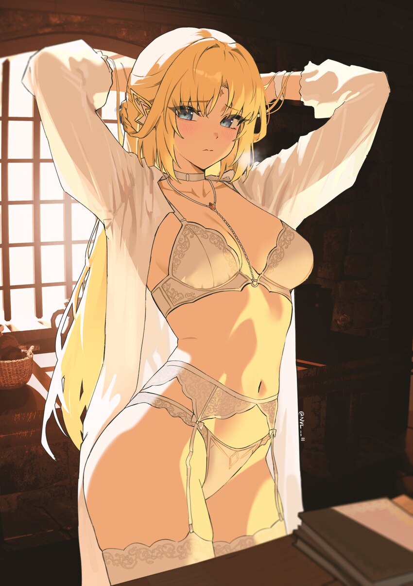 1girl absurdres arms up blonde hair blue eyes bra breasts closed mouth collarbone commentary garter belt genshin impact highres indoors light blush l…