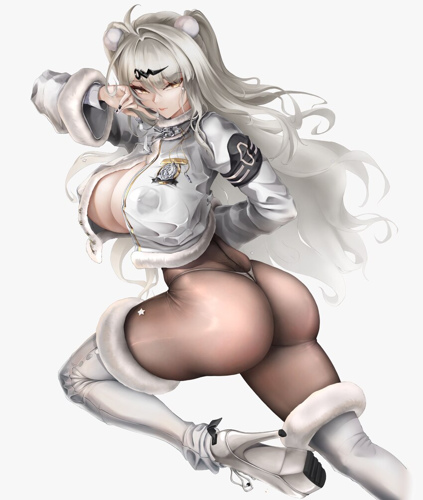 1girl absurdres ahoge arm behind back ass blanc (fortune express) (nikke) blanc (nikke) blanc (nikke) (cosplay) boots breasts brown pantyhose closed …