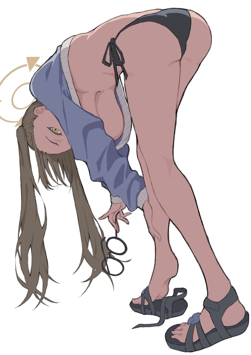 1girl ass bikini bikini bottom only black bikini blue archive blue hoodie breasts commentary cropped hoodie fish can 8 from behind full body halo han…