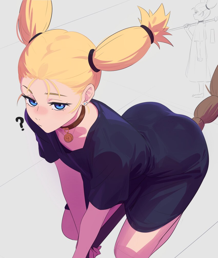1girl ? absurdres anonds31 ass black dress blonde hair blue eyes blush breasts broom broom riding commentary dress ear piercing flying grey backgroun…