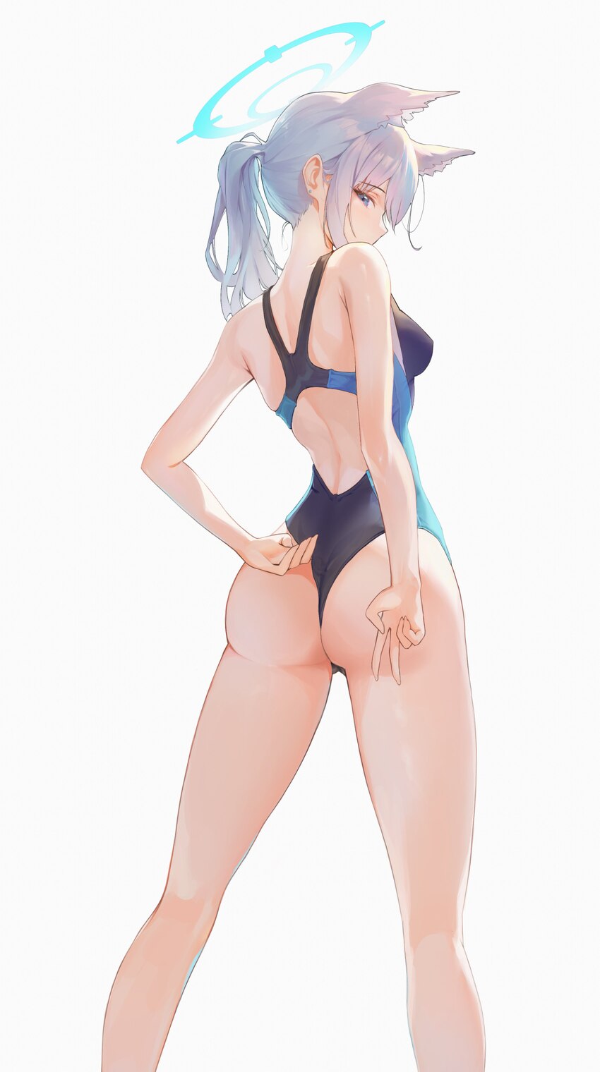 1girl absurdres adjusting clothes adjusting swimsuit animal ear fluff animal ears ass back bare arms bare legs blue archive blue eyes breasts comment…