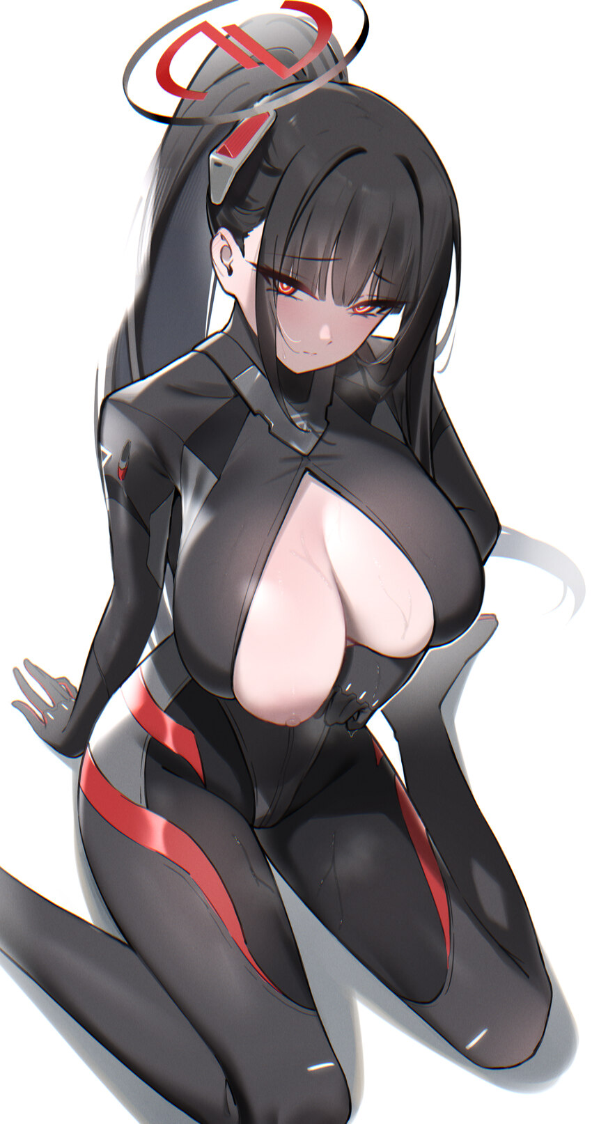 1girl absurdres arm under breasts black hair black halo blue archive blunt bangs blush bodysuit breasts center opening cleavage commentary dongye1551…