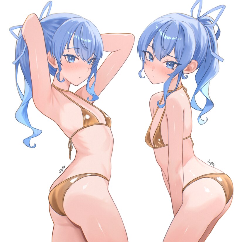 1girl absurdres alternate costume armpits arms behind head arms up ass asymmetrical sidelocks bikini blue eyes blue hair blue ribbon blush breasts co…