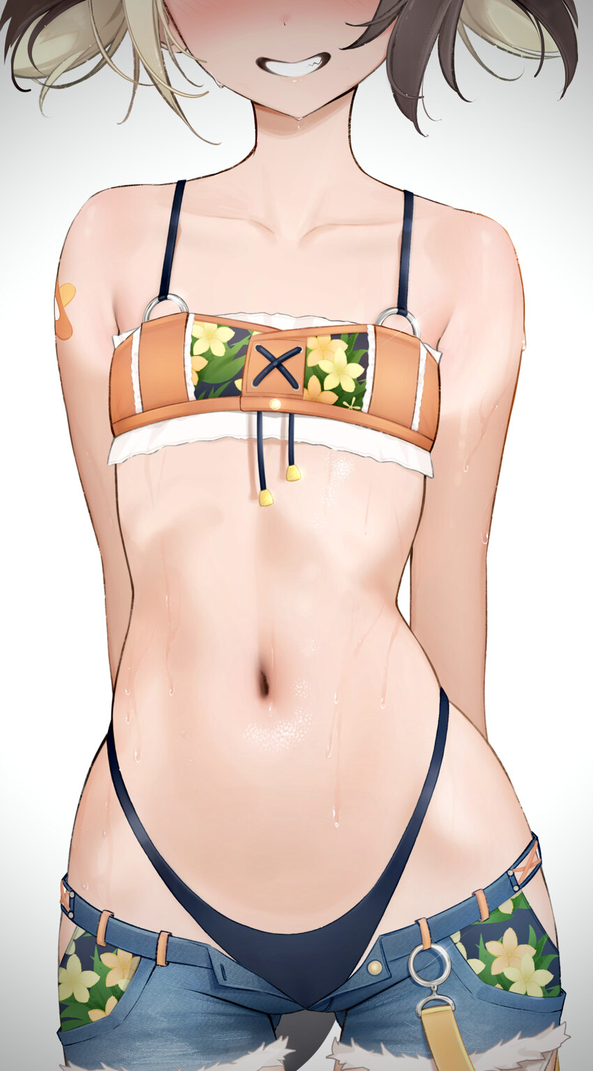 1girl absurdres arms behind back bandaid bandaid on arm bikini black bikini blonde hair blue shorts blush brown hair clothing cutout commentary cross…