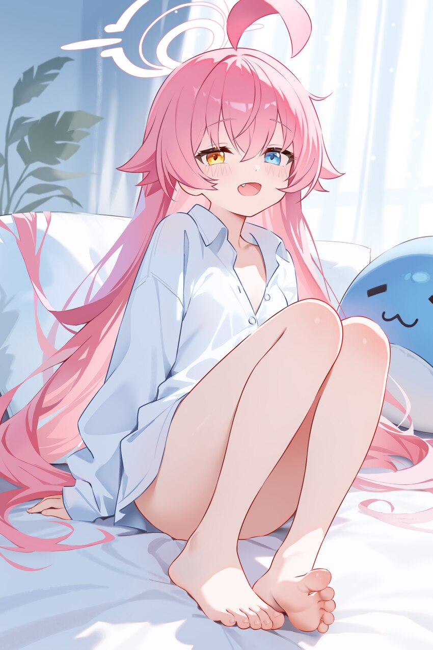 1girl  3 absurdres ahoge ankle bare legs barefoot blue archive blue eyes blush chaoji da yuwan chinese commentary collared shirt commentary request c…