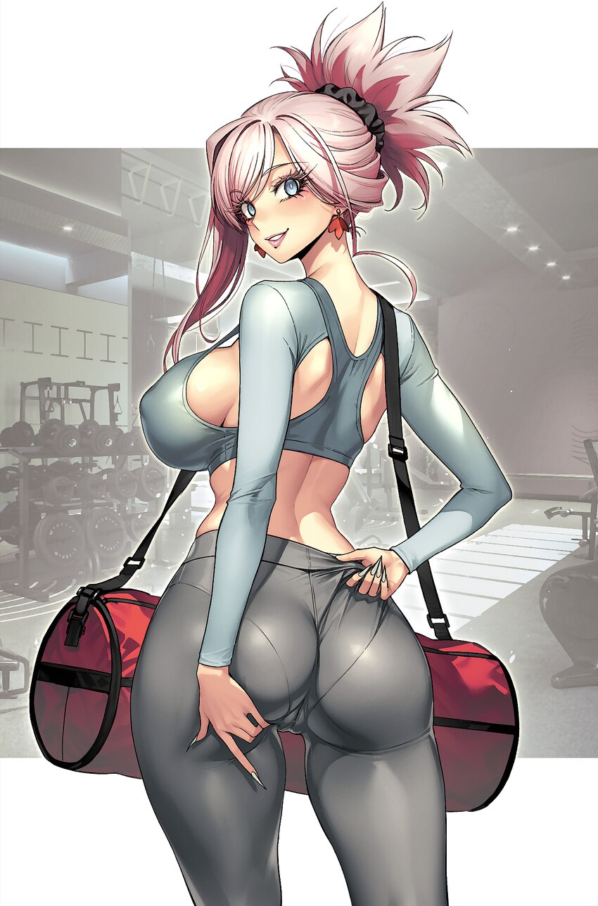 1girl ass back bag blue eyes blush breasts cameltoe commentary covered nipples duffel bag earrings fate/grand order fate (series) grey pants grey shr…