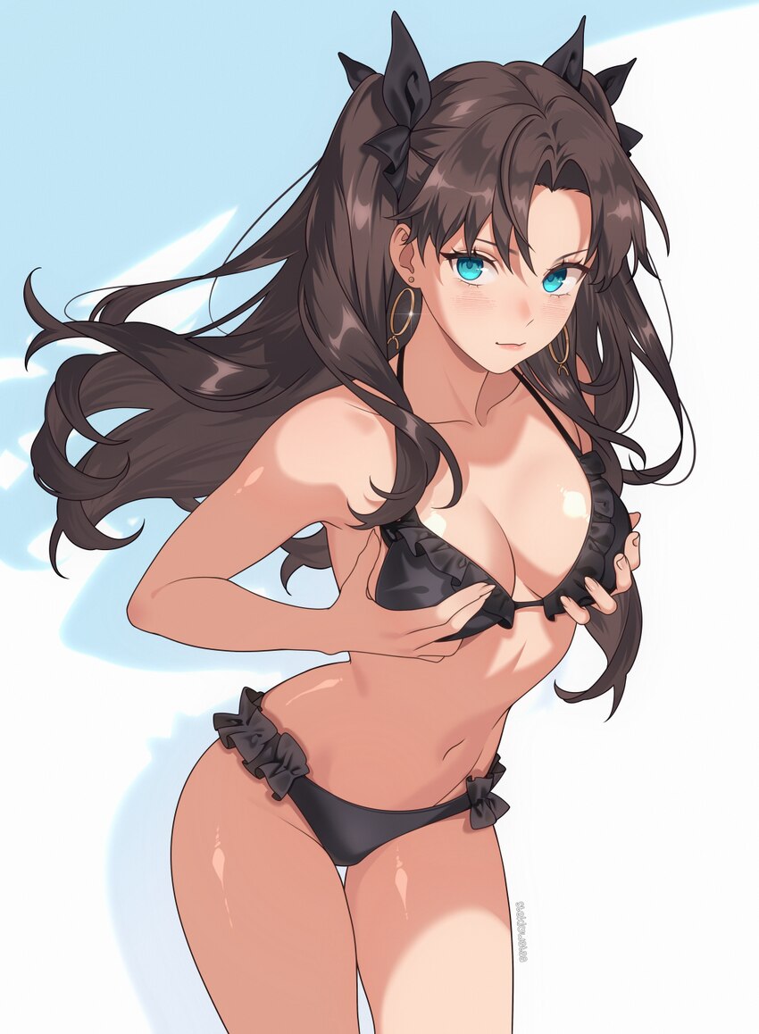 1girl bikini bilingual commentary black bikini black hair blue eyes breasts cleavage commentary earrings fate/stay night fate (series) grabbing own b…