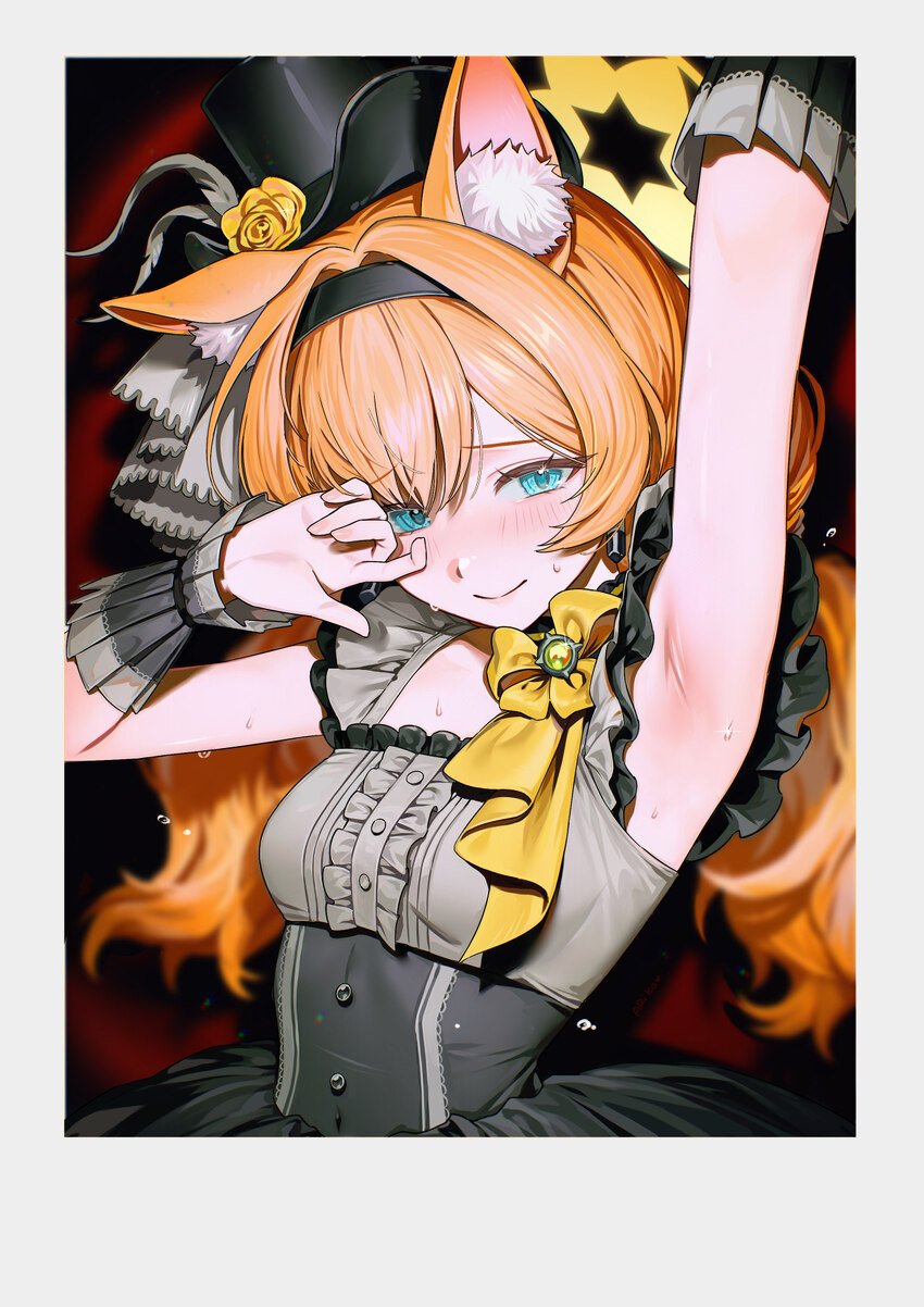 1girl absurdres animal ear fluff animal ears ariko (aaaaarik) arm up armpit focus armpits black hairband black hat black skirt blue archive blue eyes…