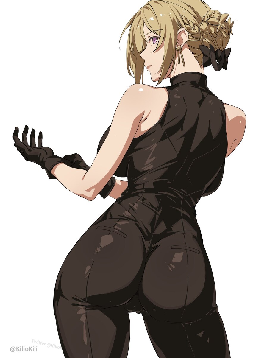1girl adjusting clothes adjusting gloves alternate costume ass back backboob bare shoulders black bodysuit black gloves blonde hair bodysuit breasts …
