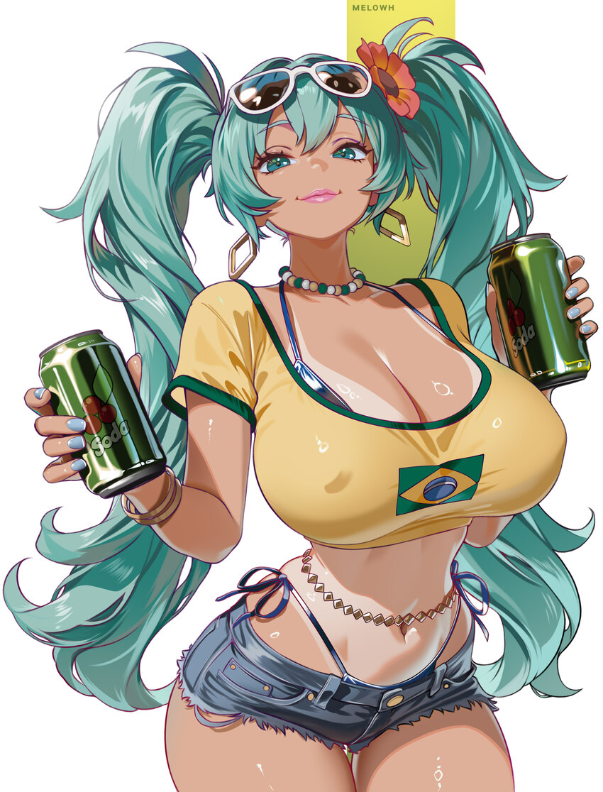 1girl absurdres alternate breast size (larger) bead choker beads belly chain brazilian flag brazilian flag print brazilian miku breasts can cleavage …