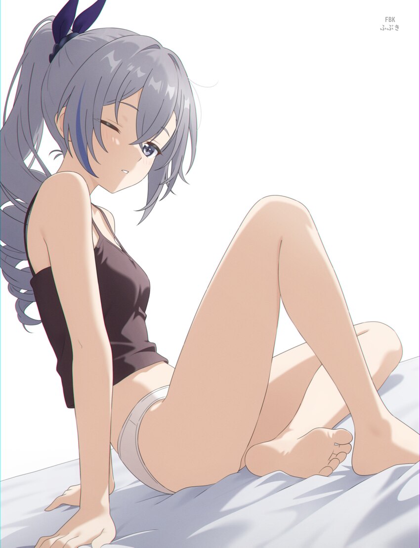 1girl absurdres arm support barefoot black camisole breasts camisole commentary drill hair grey eyes grey hair highres honkai (series) honkai  star r…