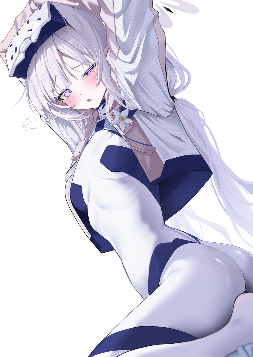 1girl absurdres arms up ass barefoot battlesuit black halo blue archive bodysuit cropped jacket earclip halo head-mounted display highres himari (arm…