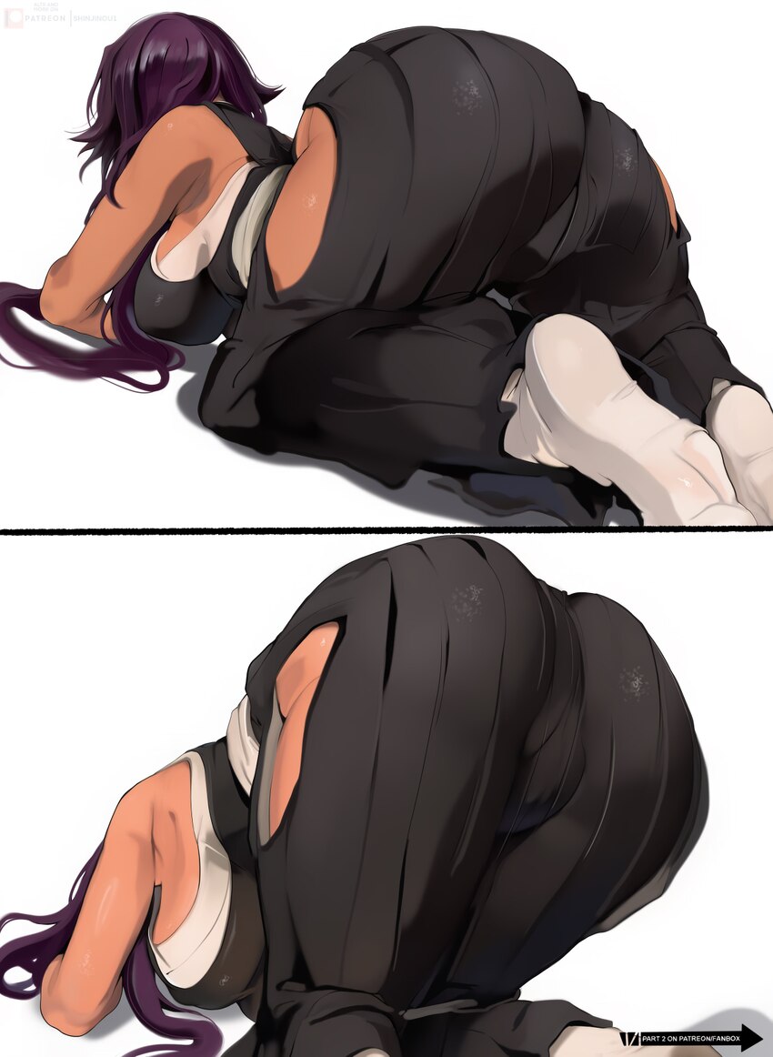 1girl 2koma absurdres all fours artist name ass ass focus black hakama black kimono bleach breasts clothing cutout comic commentary dark-skinned fema…