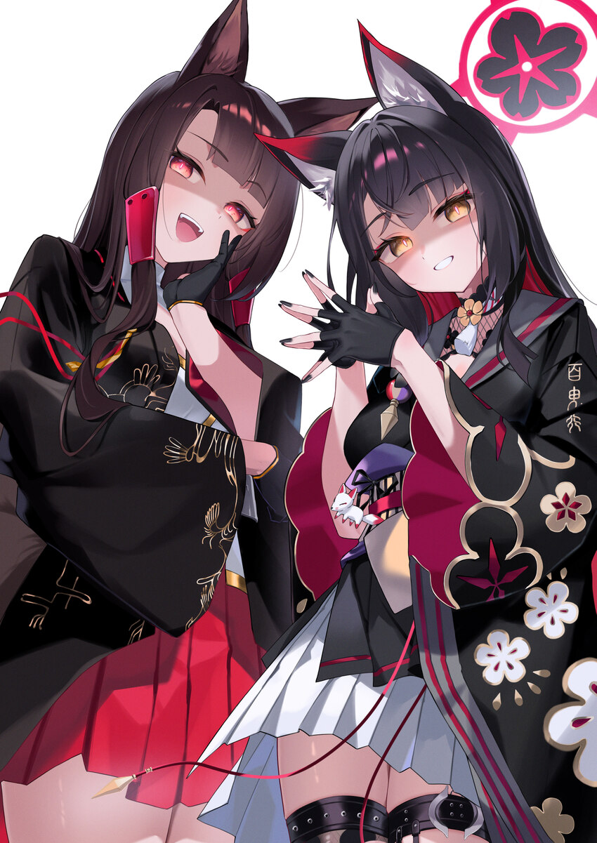 2girls absurdres akagi (azur lane) animal ear fluff animal ears azur lane black gloves black hair black haori black kimono black nails blue archive b…