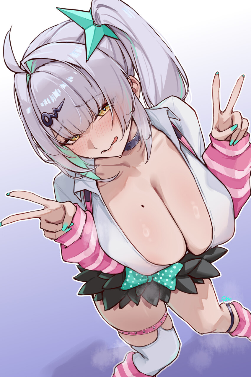 1girl absurdres ahoge arm warmers breasts commentary request cosplay double v e.c.ho hair ornament highres large breasts licking lips long hair looki…