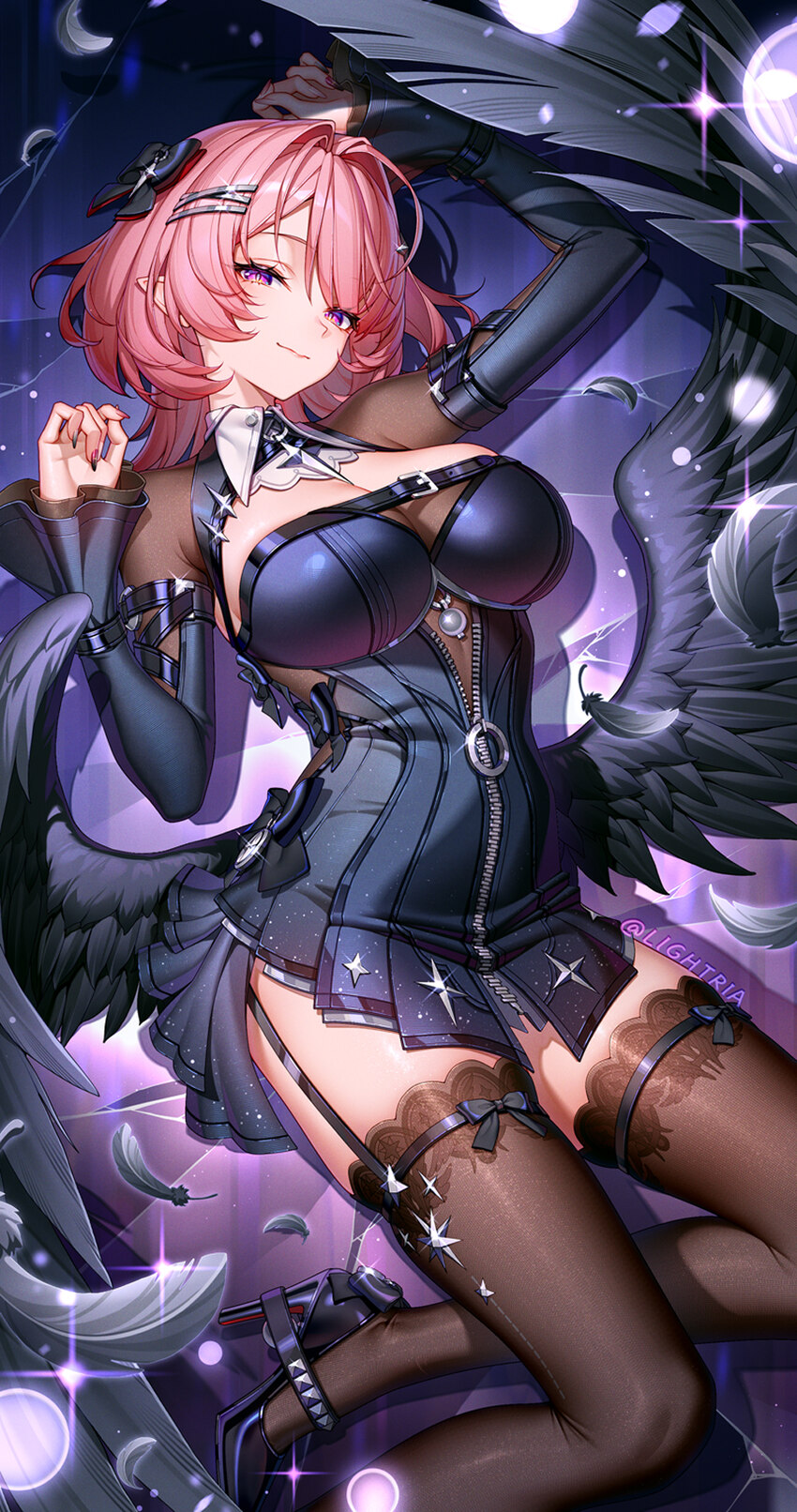 1girl black bow black dress black garter straps black shoes black thighhighs black wings bow breasts chinese commentary cleavage closed mouth comment…