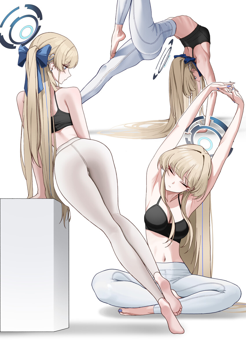 1girl 4meart0112 absurdres alternate costume armpits arms up ass bare shoulders barefoot black tank top blonde hair blue archive blue bow blue halo b…