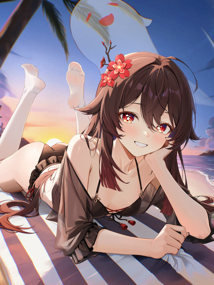 1girl alternate costume alternate hairstyle ankle arm support ass beach mat bikini bilingual commentary blush boo tao (genshin impact) breasts brown …