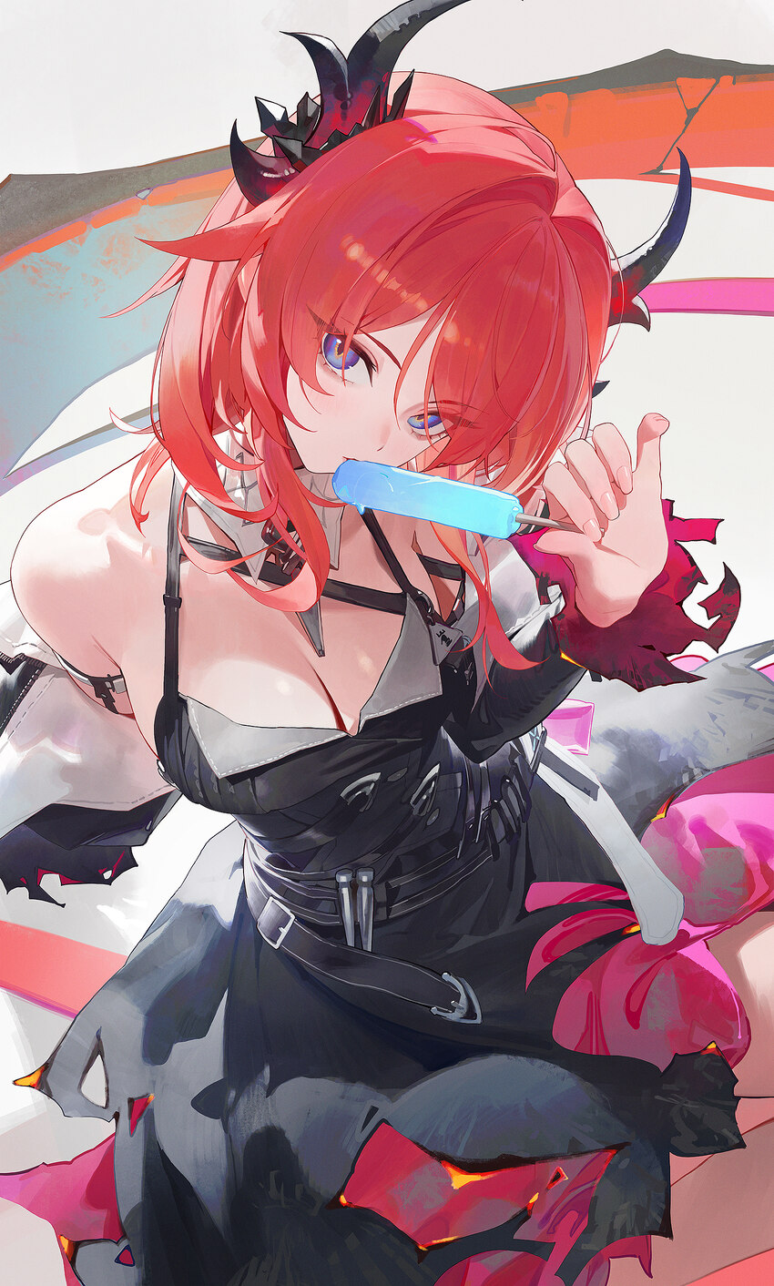 1girl absurdres arknights arknights  endfield bare shoulders black dress blush breasts cleavage closed mouth colored petticoat commentary detached sl…