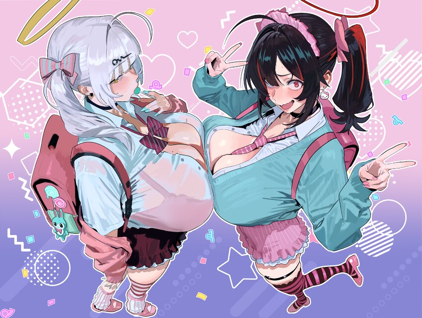 2girls absurdres ahoge aqua cardigan aqua nails arm at side backpack bag between breasts bilingual commentary black hair blush bow bowtie bra bra vis…