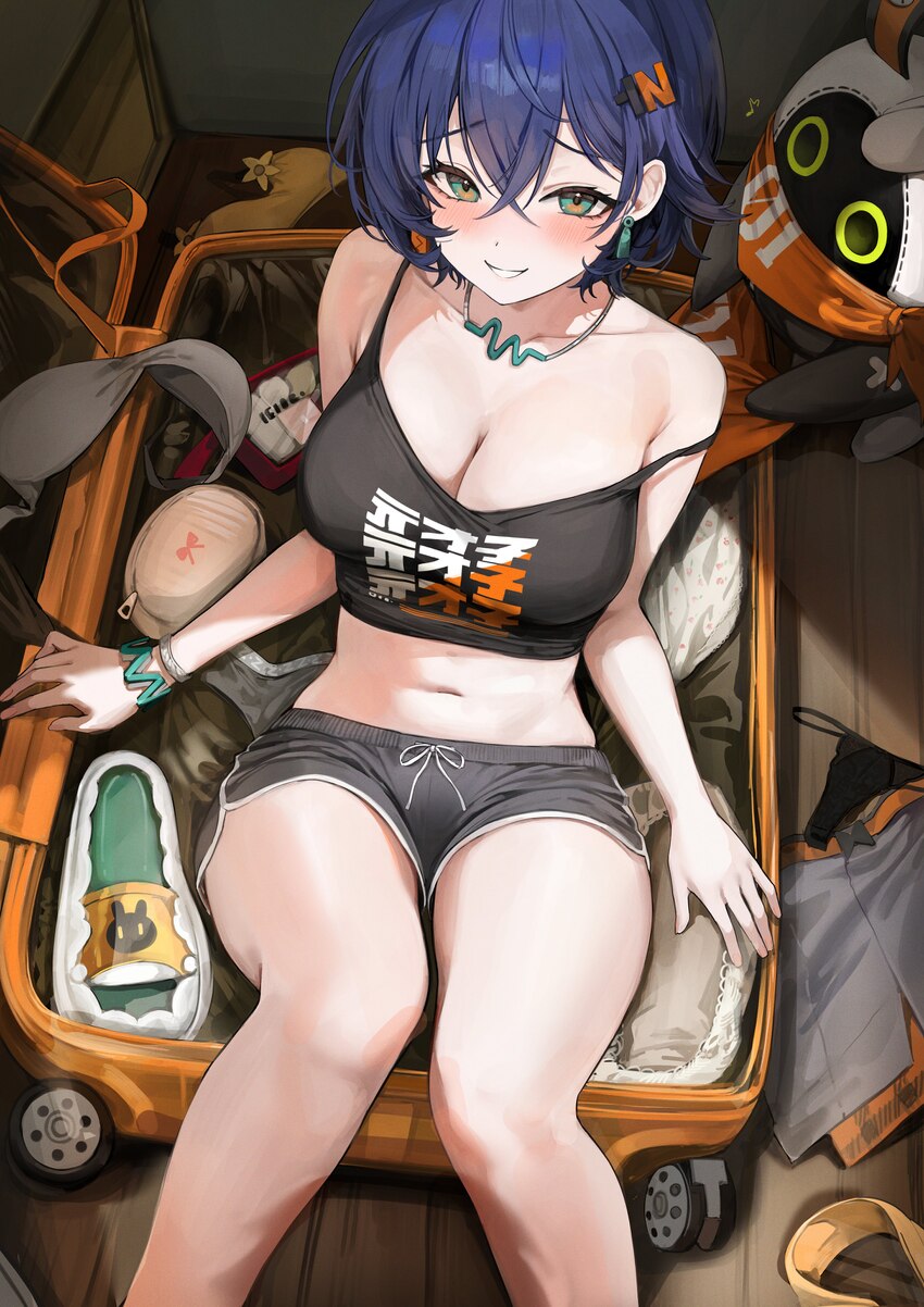 1girl absurdres bangboo (zenless zone zero) belle (zenless zone zero) bikini black camisole black shorts blue hair blush breasts camisole collarbone …
