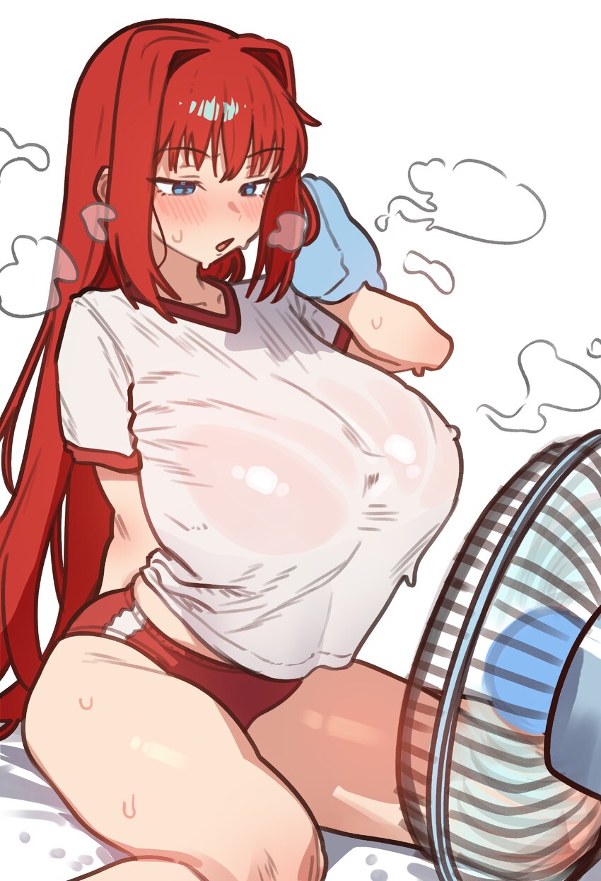 1girl absurdres aozaki aoko blue eyes blush breasts buruma ebora electric fan gym uniform highres hot huge breasts long hair mahou tsukai no yoru red…