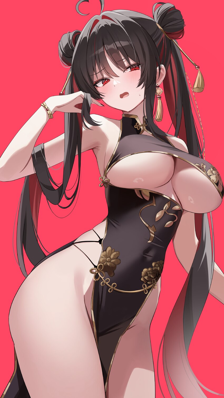 1girl absurdres ahoge armpits bare shoulders black dress black hair blush bracelet breasts chinese clothes clothing cutout commentary request covered…