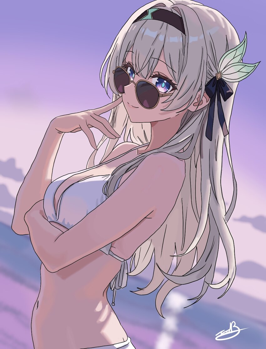 1girl batzsumi beach bikini black hairband blurry blurry background breasts cleavage commentary finger to cheek firefly (honkai  star rail) from side…