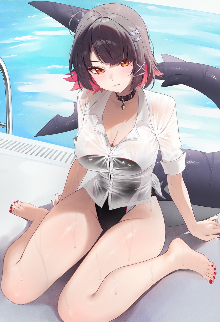 1girl absurdres alternate costume arm support bare legs black choker black hair black one-piece swimsuit black tail breasts buttons cameltoe choker c…