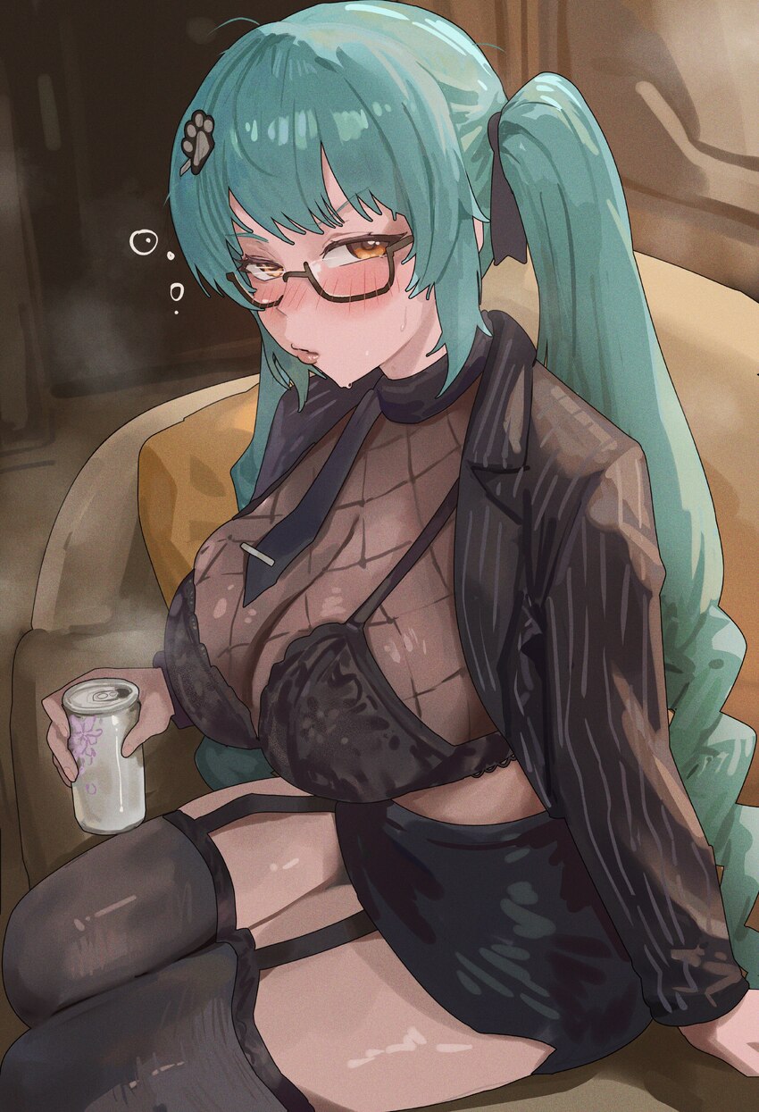 1girl absurdres aqua hair black bra black garter straps black jacket black skirt black thighhighs bra bra visible through clothes breasts can cleavag…