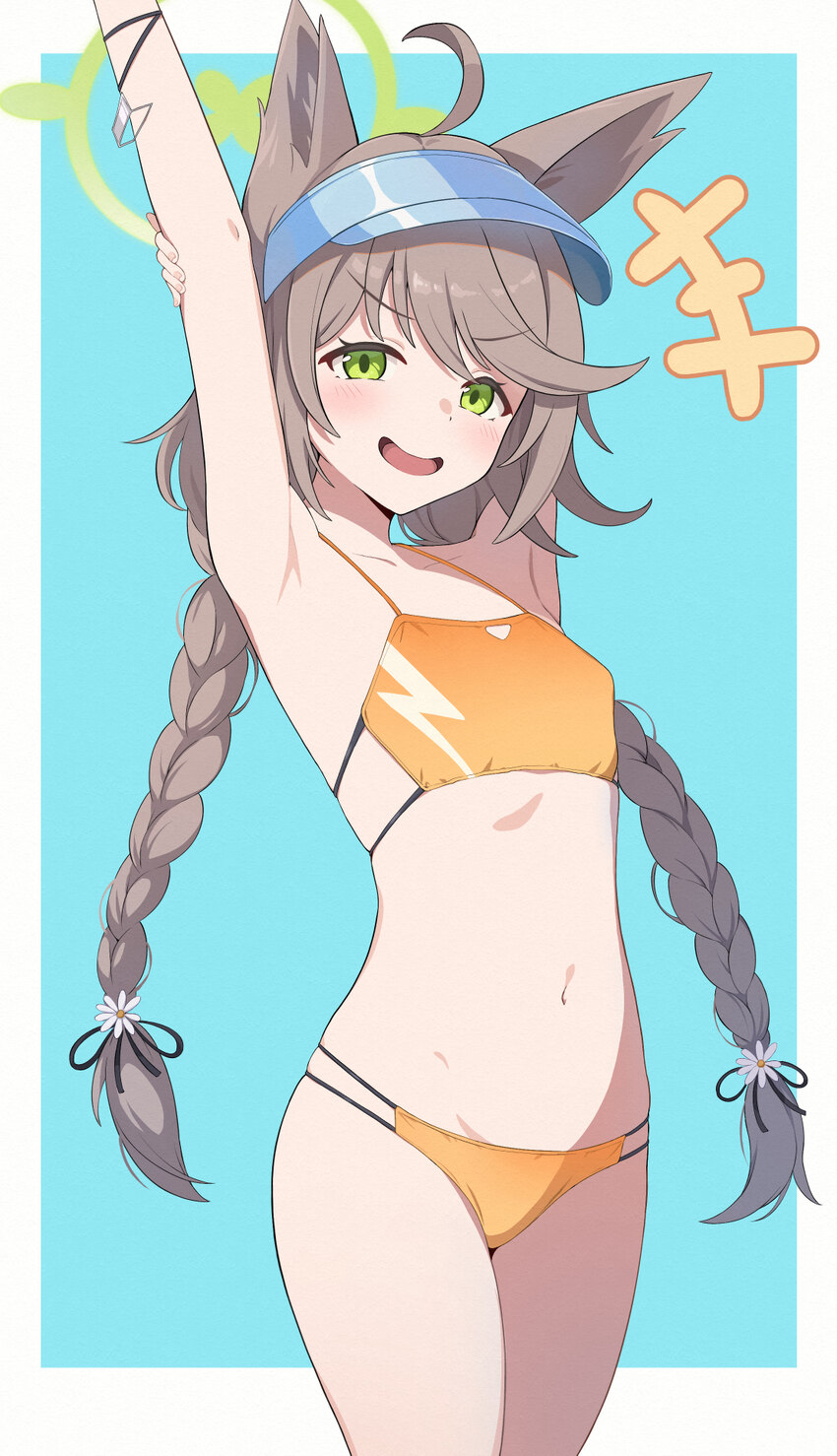 1girl ahoge animal ears arm up armpits bikini blue archive blue background blush border braid brown hair commentary request flat chest green eyes gre…