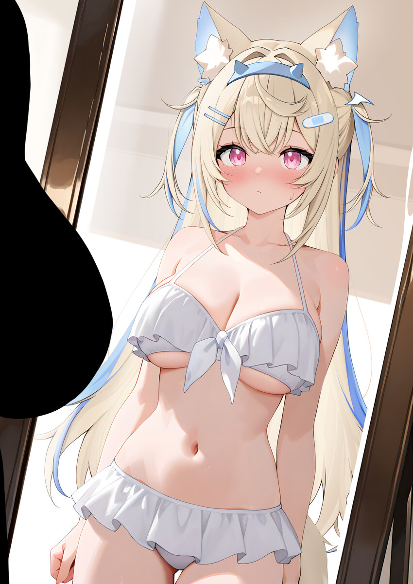 1girl absurdres ai-assisted animal ear fluff animal ears bikini blonde hair blue hair breasts commentary request dog ears dog girl dog tail frilled b…