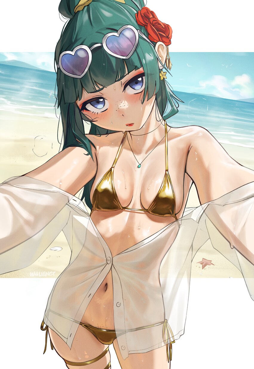 1girl absurdres alternate costume bare shoulders bikini blunt bangs breasts collarbone commentary english commentary female pubic hair flower gold bi…