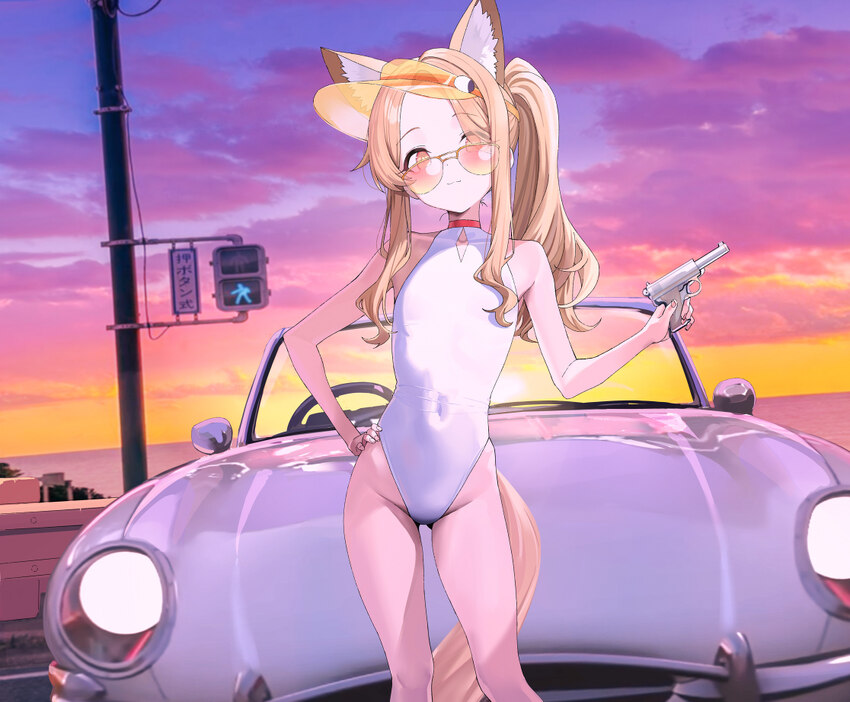1girl animal ear fluff animal ears blonde hair blue archive breasts car commentary request covered navel cross halo extra ears fox ears fox girl grad…
