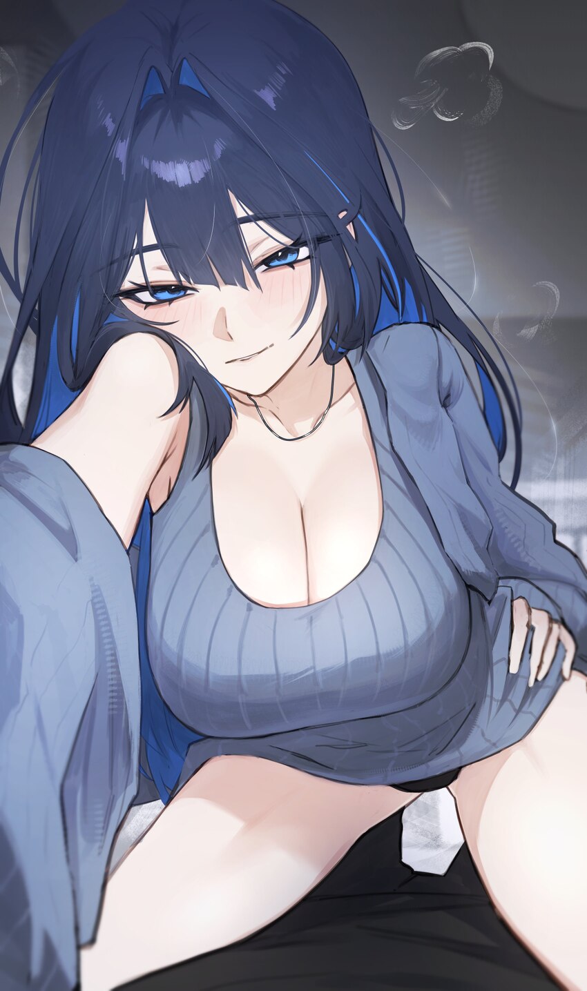 1girl 1other absurdres alternate costume black panties black pants blue eyes blue hair blue jacket breasts center-flap bangs cleavage colored inner h…