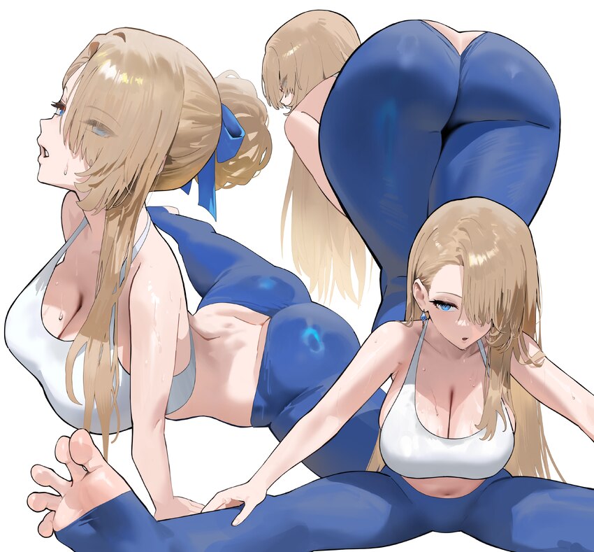 1girl absurdres ass bent over blonde hair blue eyes blue pants breasts brown dust (series) brown dust 2 cleavage commentary exercising feet hair behi…