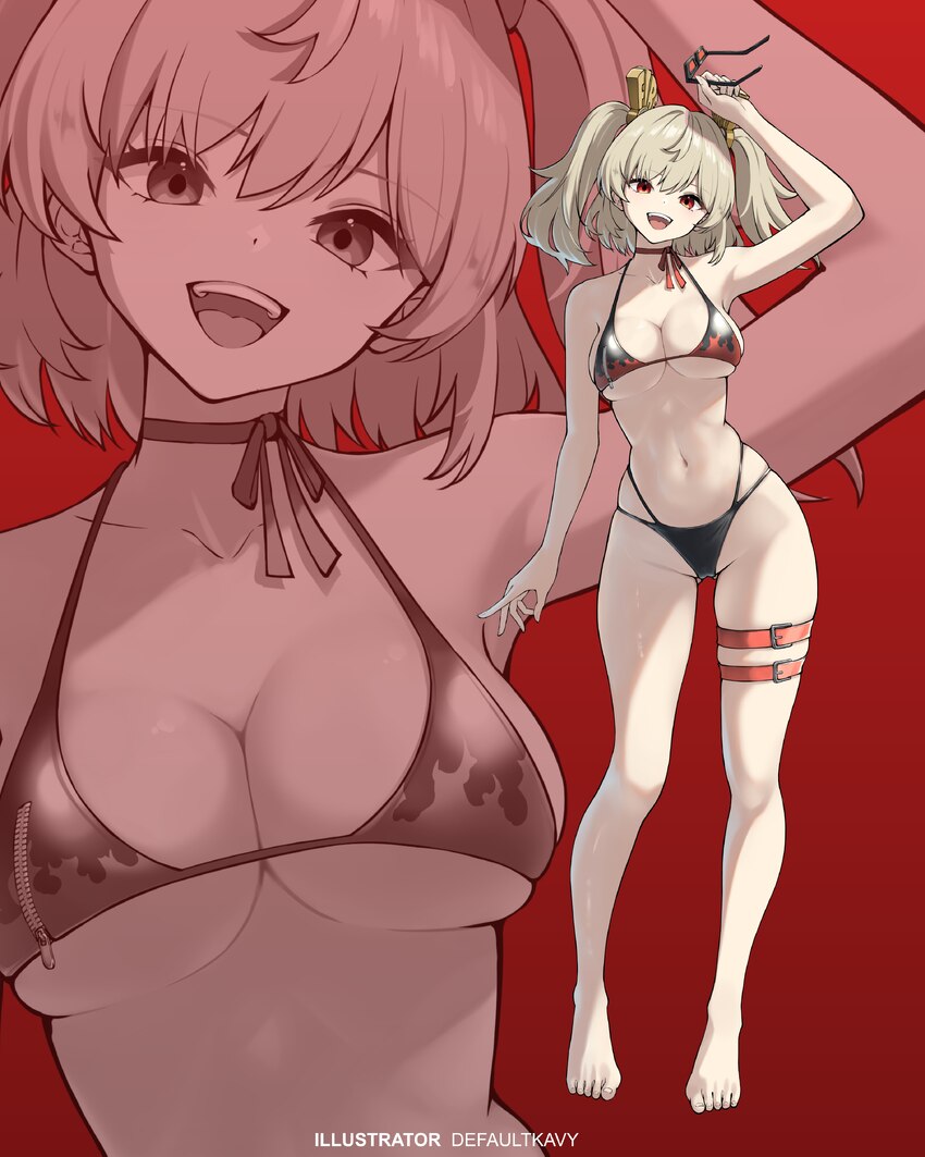 1girl  d absurdres arm at side arm up artist name ass visible through thighs barefoot belt bikini black bikini blonde hair breasts burnice white chok…
