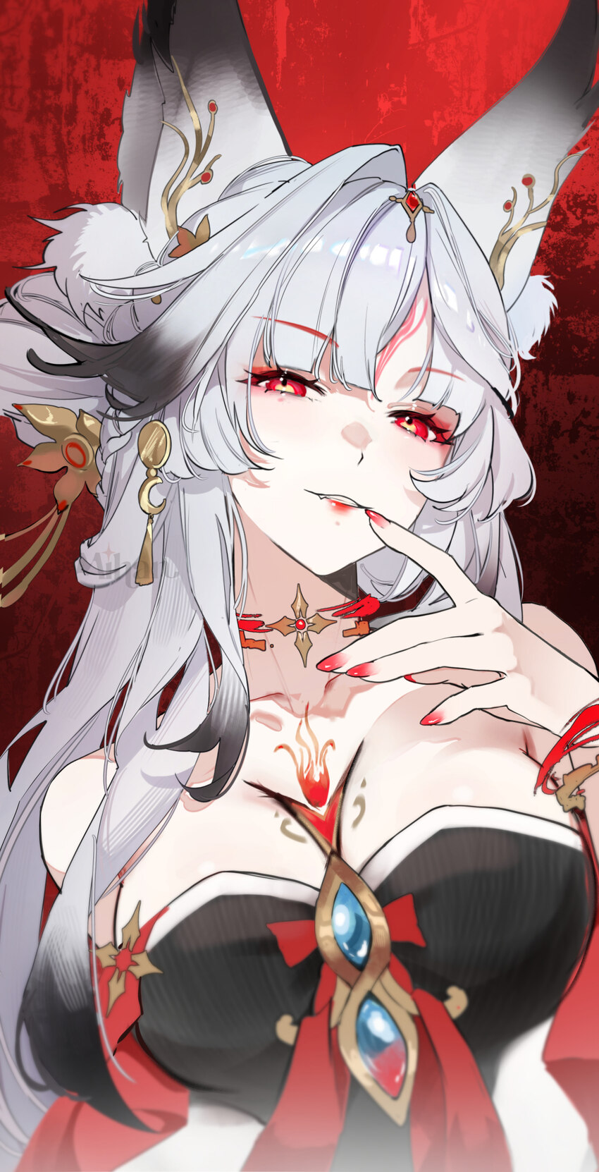 1girl animal ear fluff animal ears bare shoulders breasts commentary english commentary fingernails forehead tattoo fox ears fox girl hand up highres…
