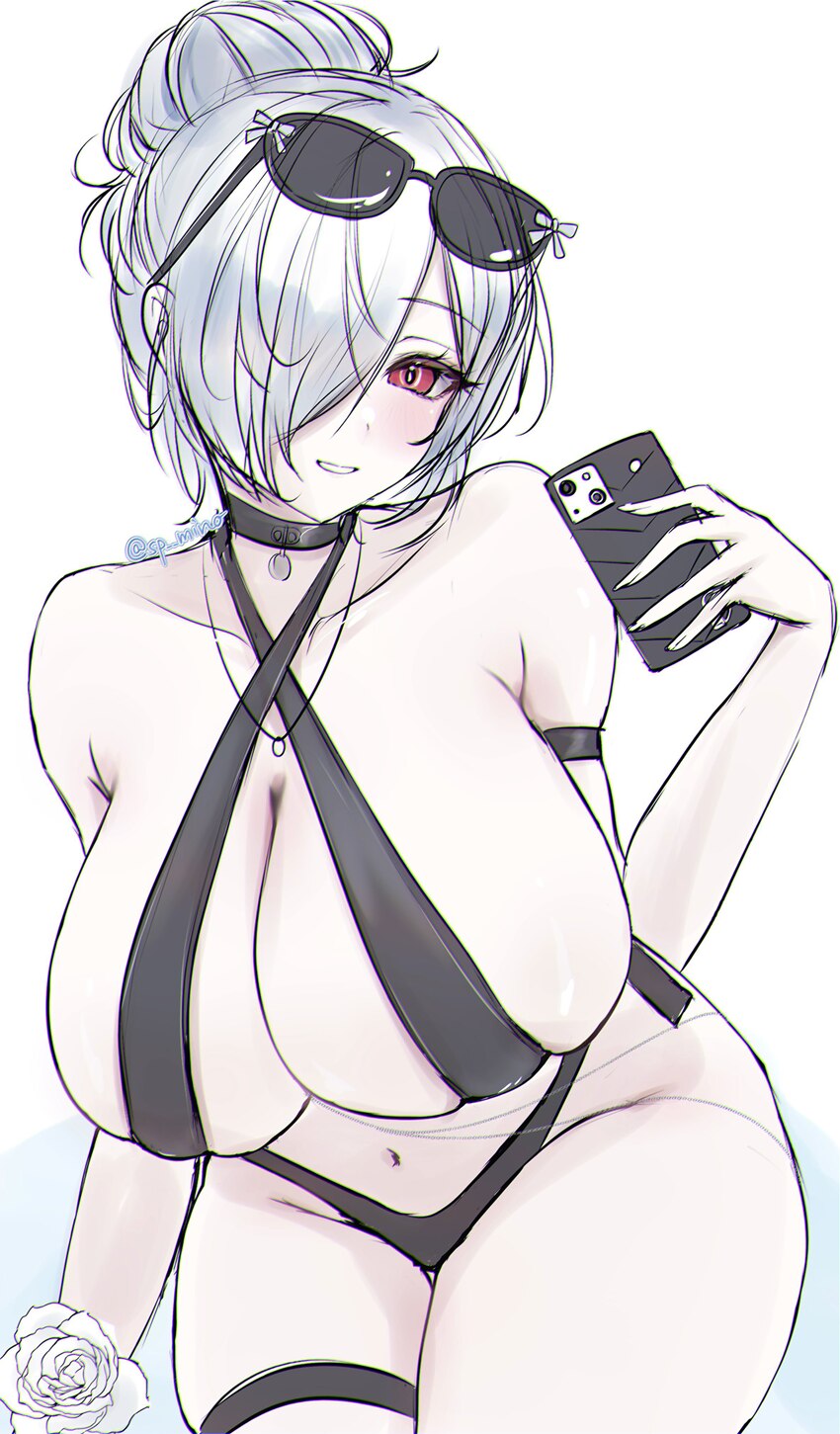 1girl absurdres bikini black bikini black choker black slingshot swimsuit breasts cellphone choker cinderella (crystal wave) (nikke) cinderella (nikk…
