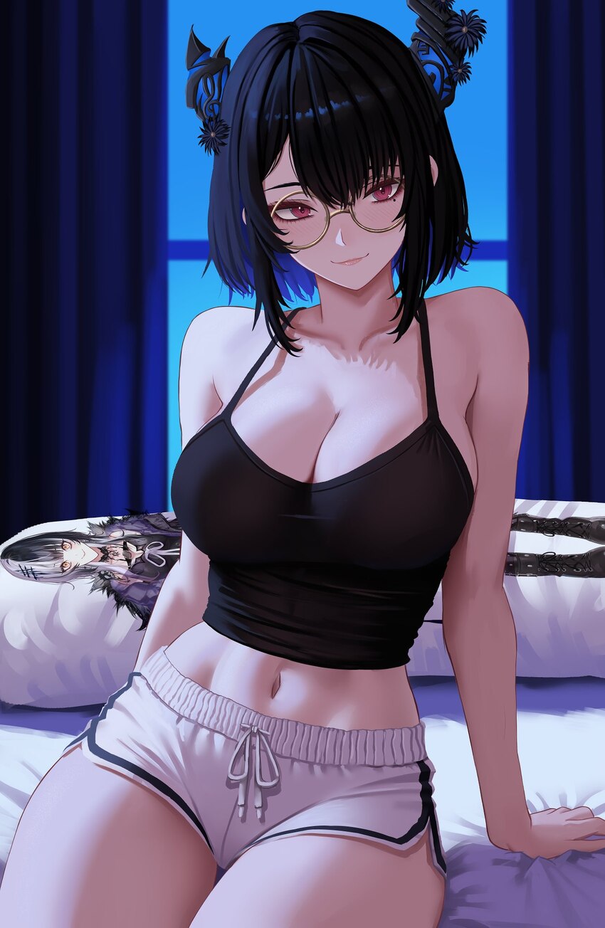 1girl black camisole black hair breasts camisole cleavage closed mouth collarbone commentary curtains dakimakura (object) dolphin shorts english comm…