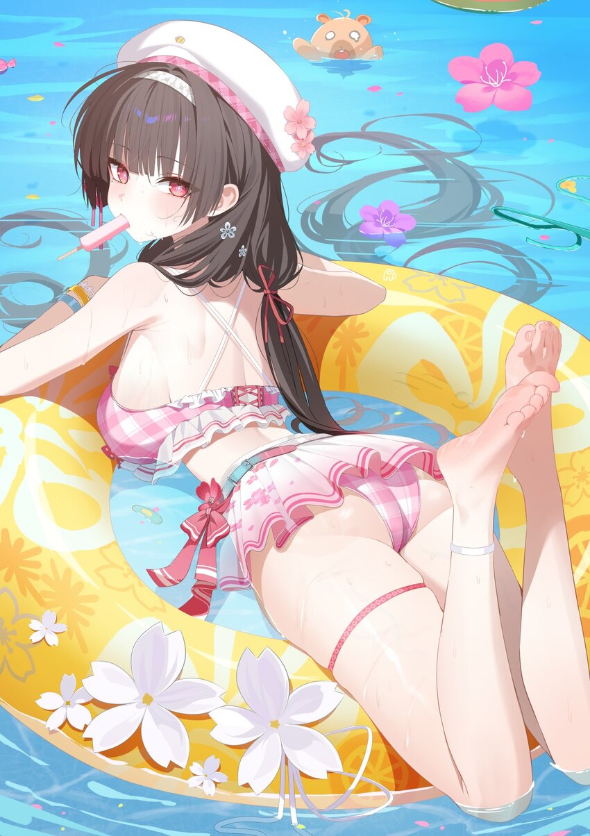 1girl asphyxiation ass barefoot beret bikini bikini skirt black hair blush breasts cherry cherry blossoms chisa (peach parfait) (wuthering waves) chi…