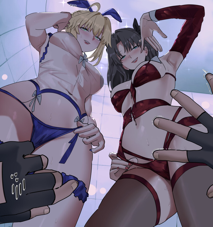 1boy 2girls absurdres ahoge animal ears armpits artoria pendragon (fate) black hair black thighhighs blonde hair blue eyes blue panties blush bra bre…