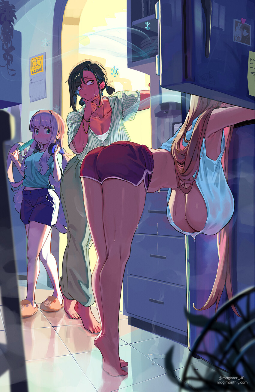 3girls ass bare legs bare shoulders barefoot bent over black hair blonde hair blue eyes breasts cleavage commentary request dark-skinned female dark …
