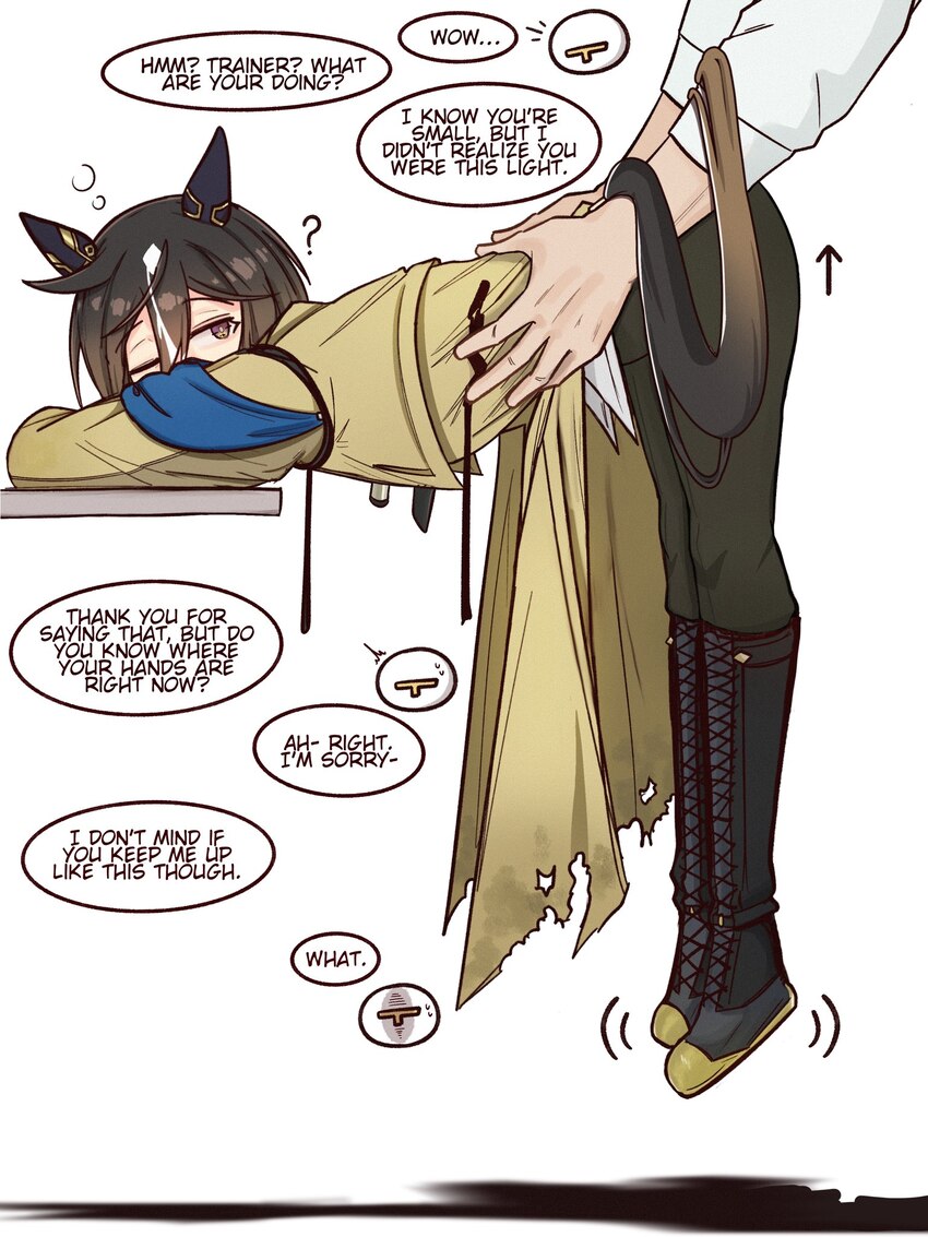 1boy 1girl ? animal ears arrow (symbol) black boots black hair boots brown eyes brown hair coat commentary ear covers english commentary english text…