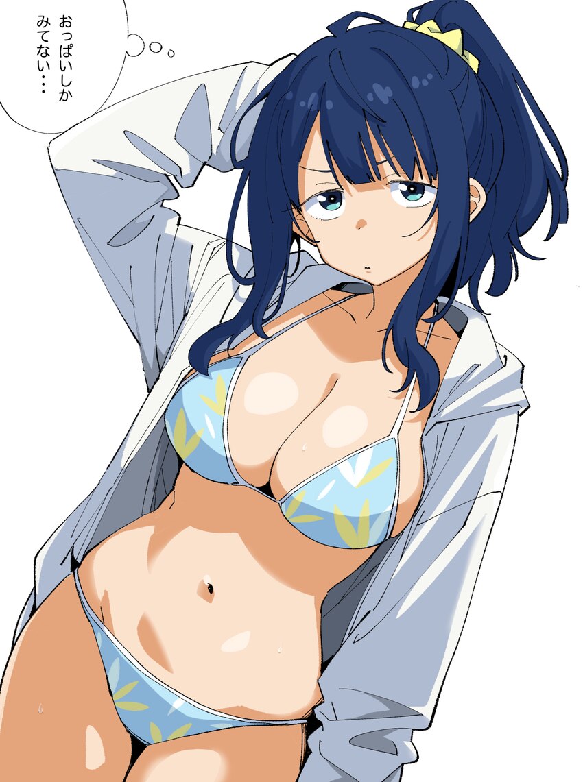 1girl arm behind head bikini blue bikini blue eyes blue hair blunt bangs breasts cleavage collarbone commentary request cowboy shot dutch angle frown…